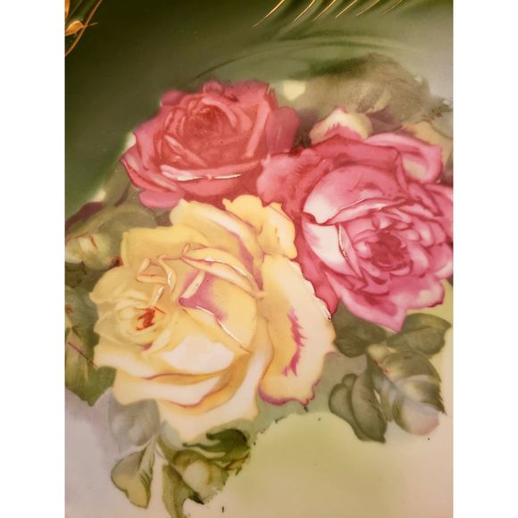 Bavaria Round Platter Porcelain Plate Pink Yellow Roses Green Gold Vintage - Picture 6 of 10